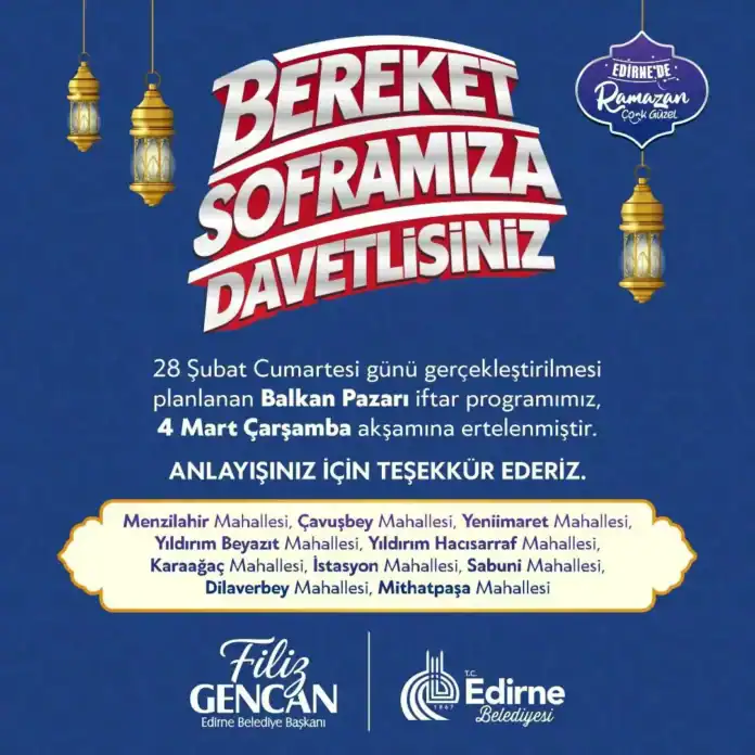 Balkan Pazarı İftar Buluşmasının Tarihi 4 Mart Çarşamba Akşamına Alındı