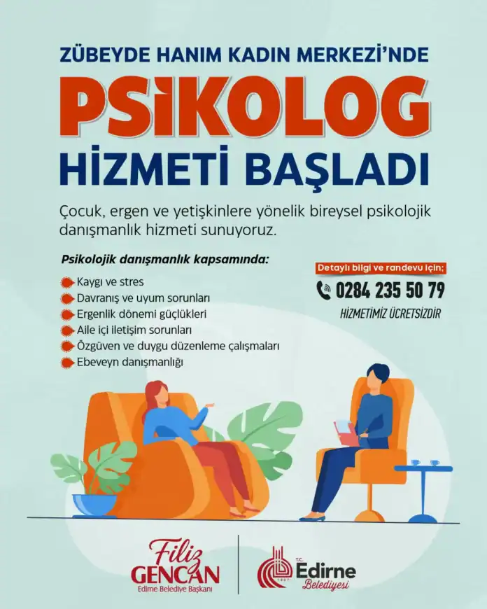 Edirne Belediyesi Zübeyde Hanım Kadın Merkezi’nde Ücretsiz Psikolog Hizmeti Başladı